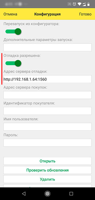Разрешаем отладку и указываем адрес отладчика
